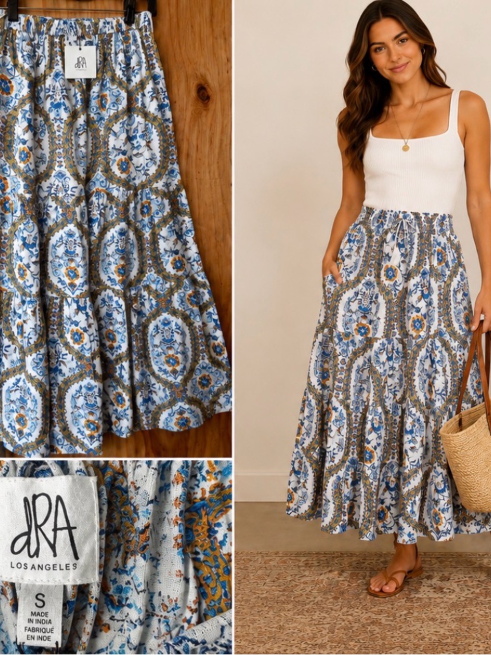 dRA Los Angeles Floral Print Tiered Maxi Skirt NWT Small Boho Blue White